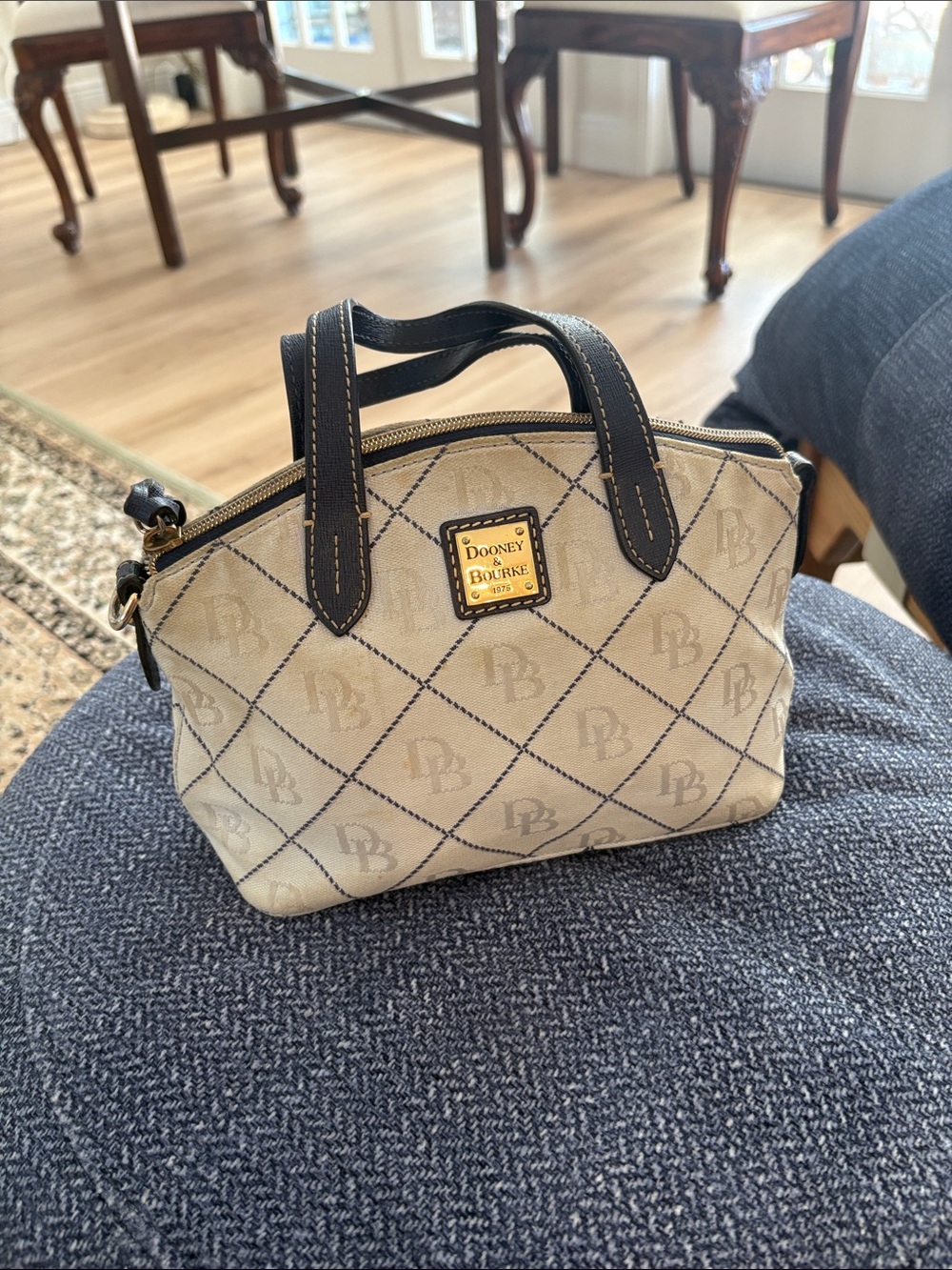 Dooney & Bourke light blue Canvas Mini Satchel with navy Trim
